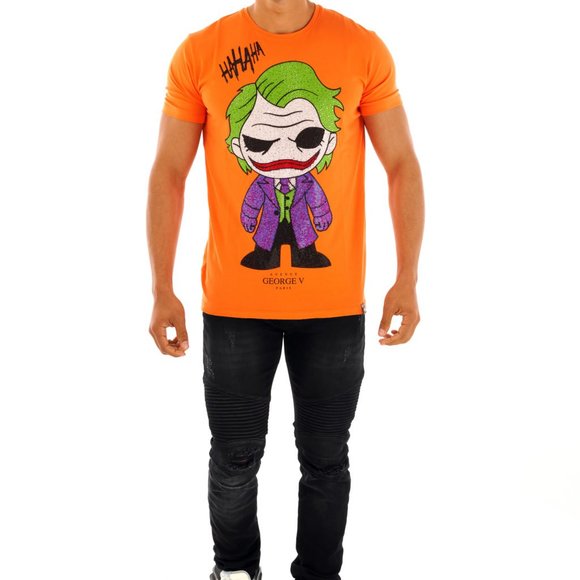 AVENUE GEORGE V PARIS T-Shirt The Joker Crystal Rhinestone men’s Orange Tee 3XL - Picture 4 of 5